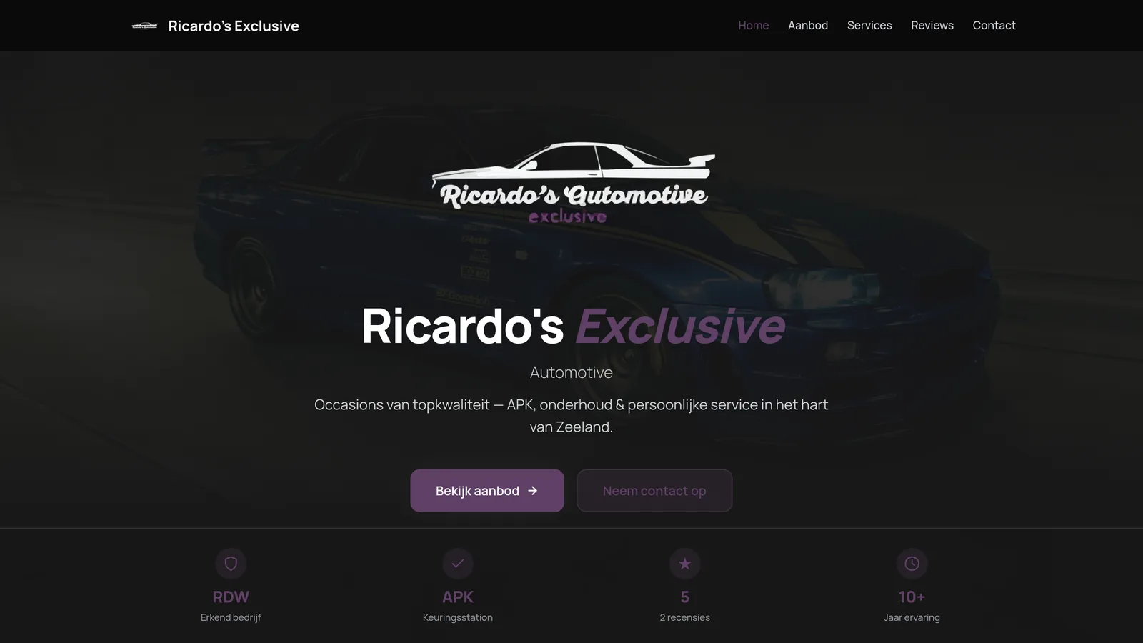 The Ricardo&rsquo;s Exclusive storefront: a full-bleed hero over a vehicle photograph, with the Dutch inventory navigation above it.